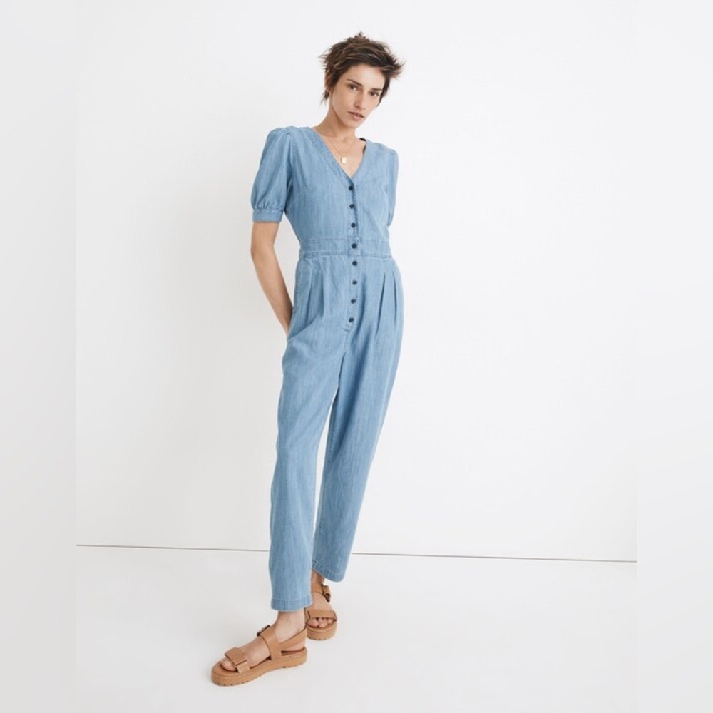 Madewell Blue Denim Jumpsuit Cotton Blend size 0 Puff Sleeve Button Front